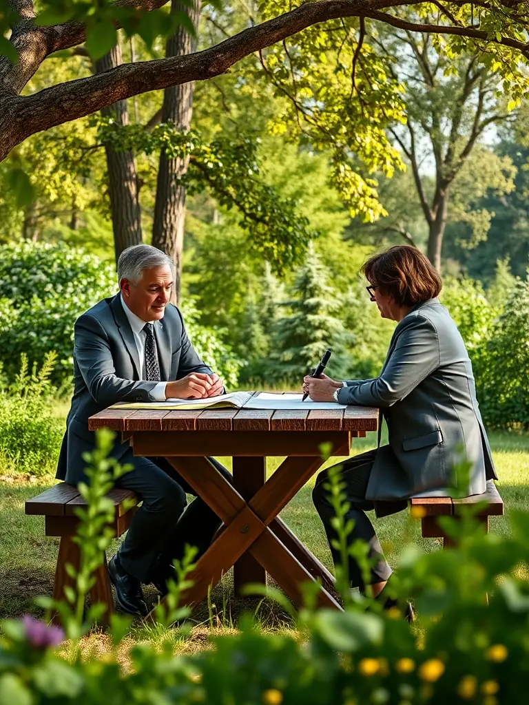 An image of landowners and hunters collaborating on a land management plan, discussing strategies for balancing agricultural activities with wildlife conservation.