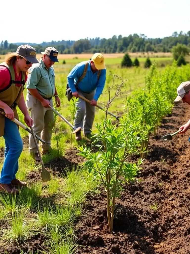 An image of a group of hunters and landowners participating in a habitat restoration project, planting trees and shrubs to improve wildlife habitat.