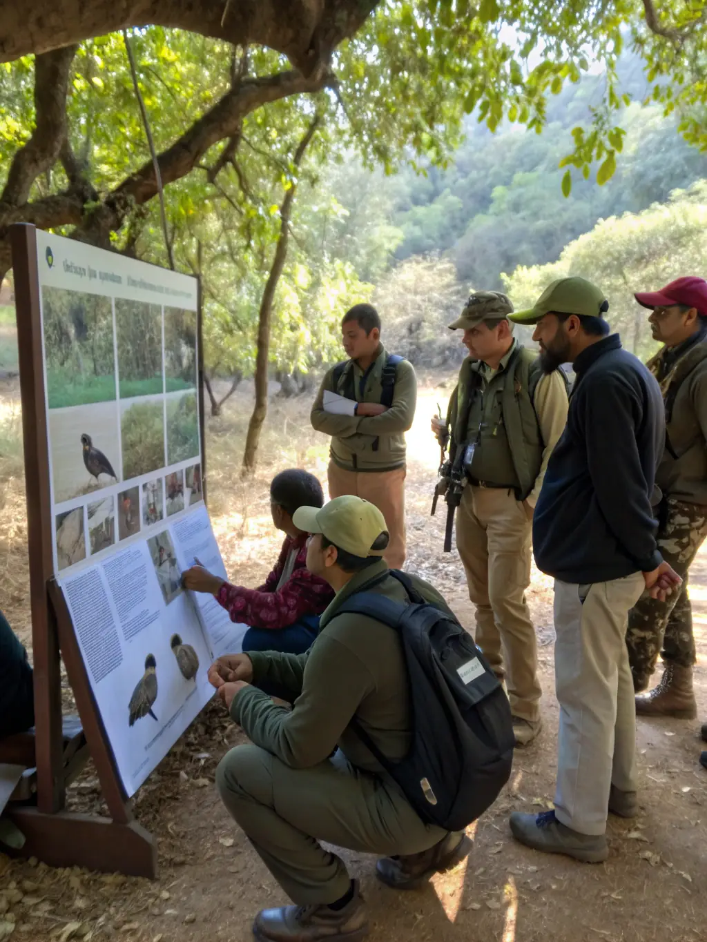 A photo of a workshop where landowners and hunters are learning about sustainable land management techniques, including habitat preservation and soil conservation.