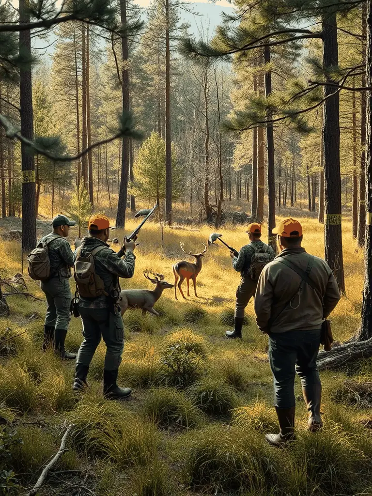 A photograph depicting a group of hunters participating in a controlled hunt in the Cellettes region, emphasizing responsible hunting practices and wildlife management.