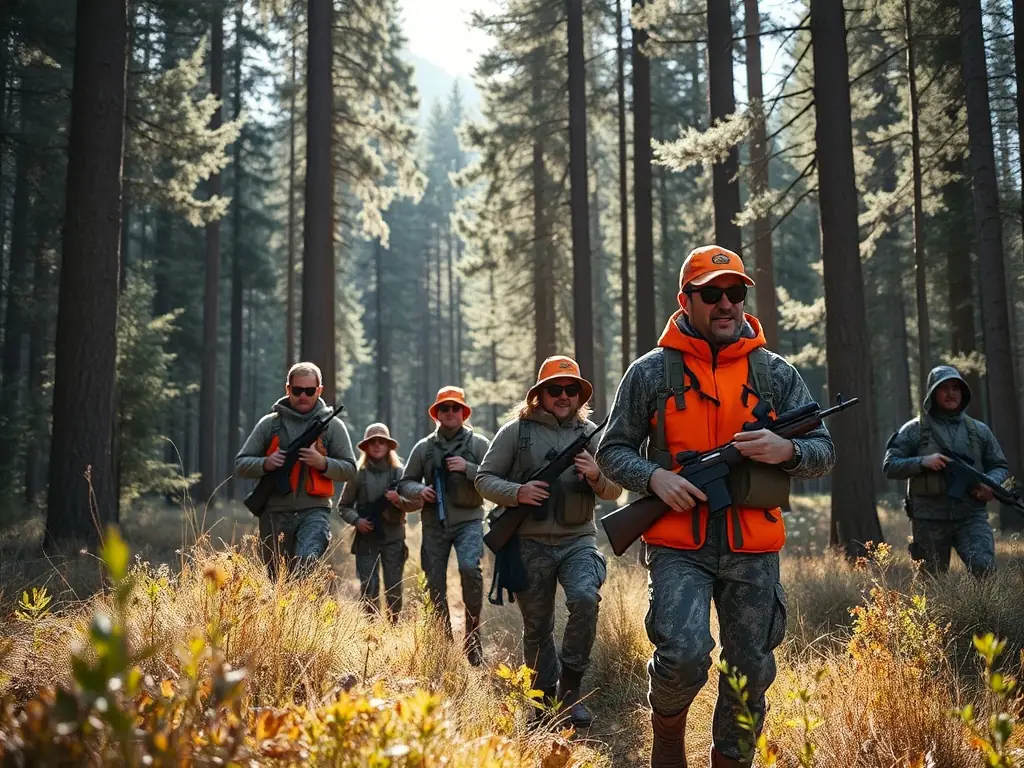 A group of hunters participating in a controlled hunt in a managed forest area, demonstrating responsible hunting practices.