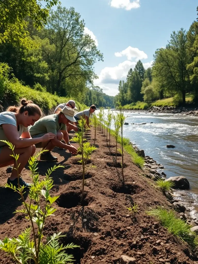 An image showcasing a habitat restoration project, with volunteers planting native trees and shrubs to enhance biodiversity and provide food and shelter for wildlife.