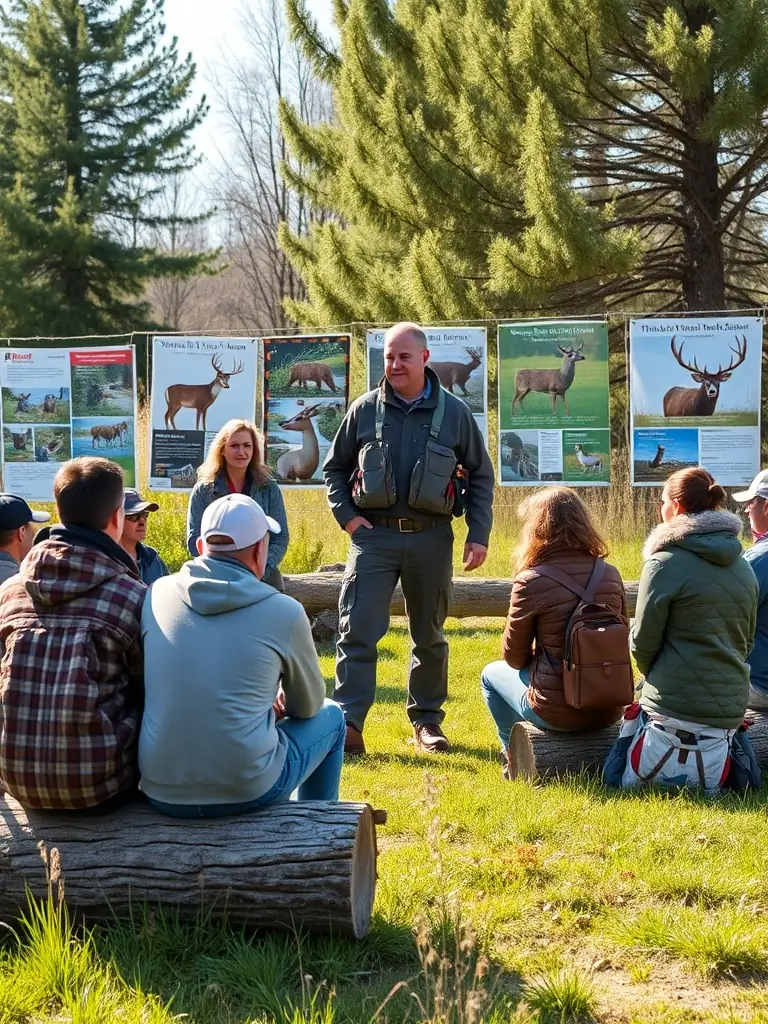 An image of a wildlife management expert leading a workshop for hunters on sustainable hunting practices and wildlife conservation.